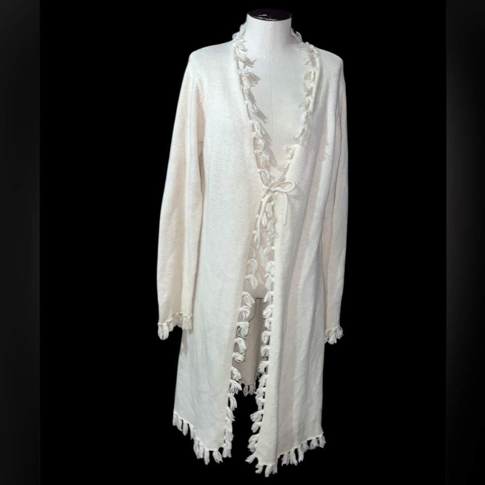 Long duster cardigan tassel fringe ivory hippie boho fall western small preppy - Picture 3 of 12